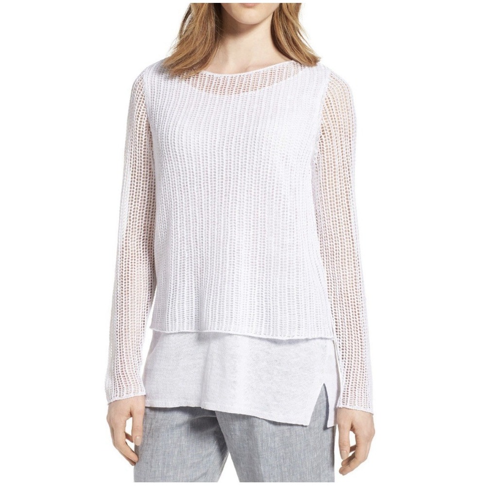 Eileen Fisher White 100% Organic Linen Knit Mesh Tiered Layered Sweater Top XS